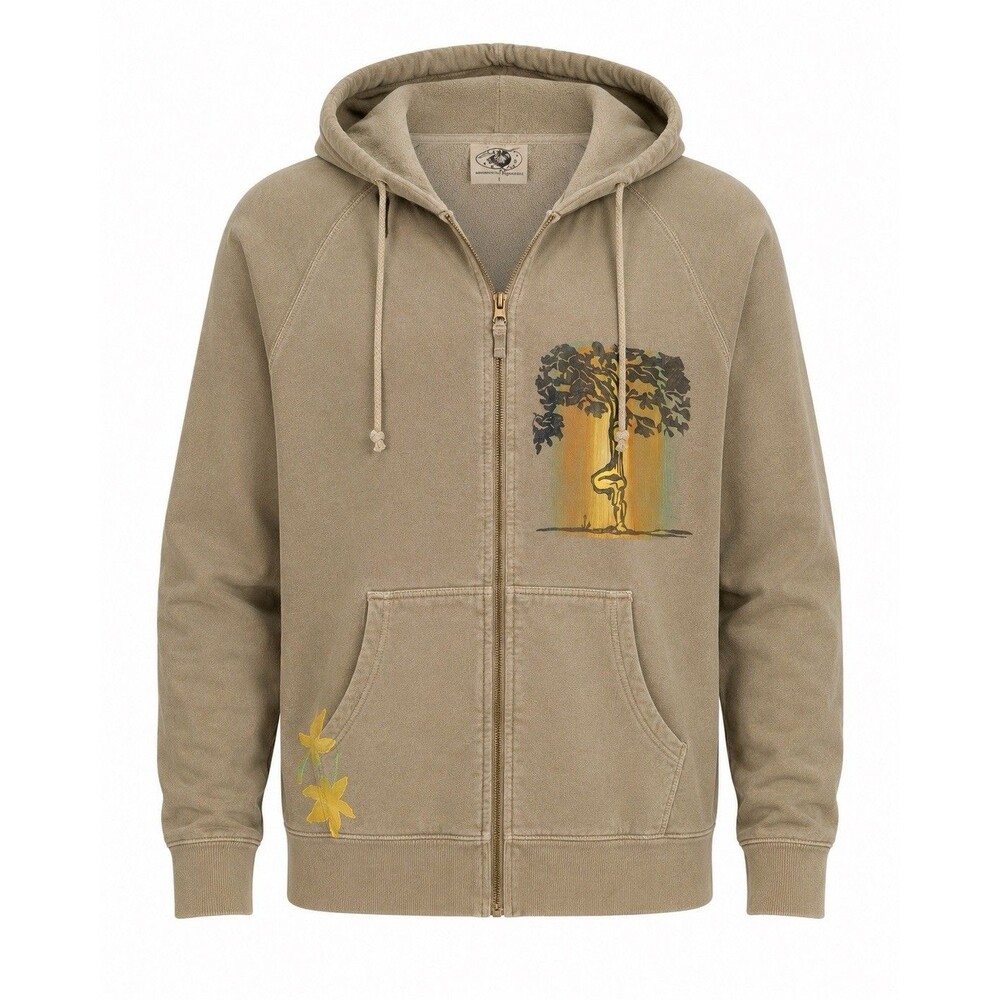 Authentic Pigments Hoodie L Beige Zip Up Fleece Lined Tree Graphic